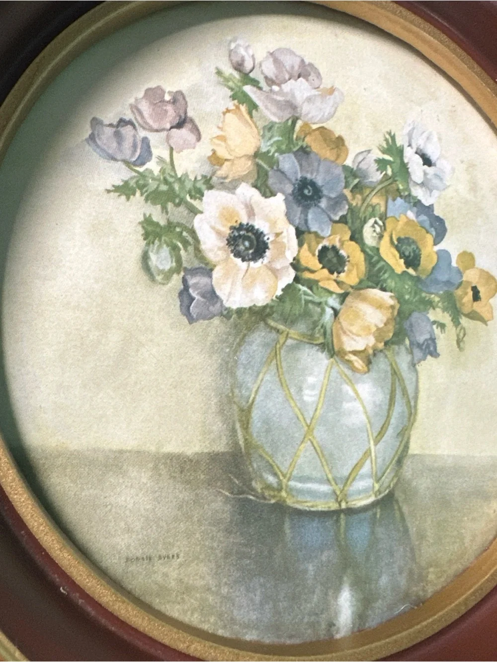 Vintage Round Floral Print in Burgundy And Gold Frame Flowers Art 9.25”